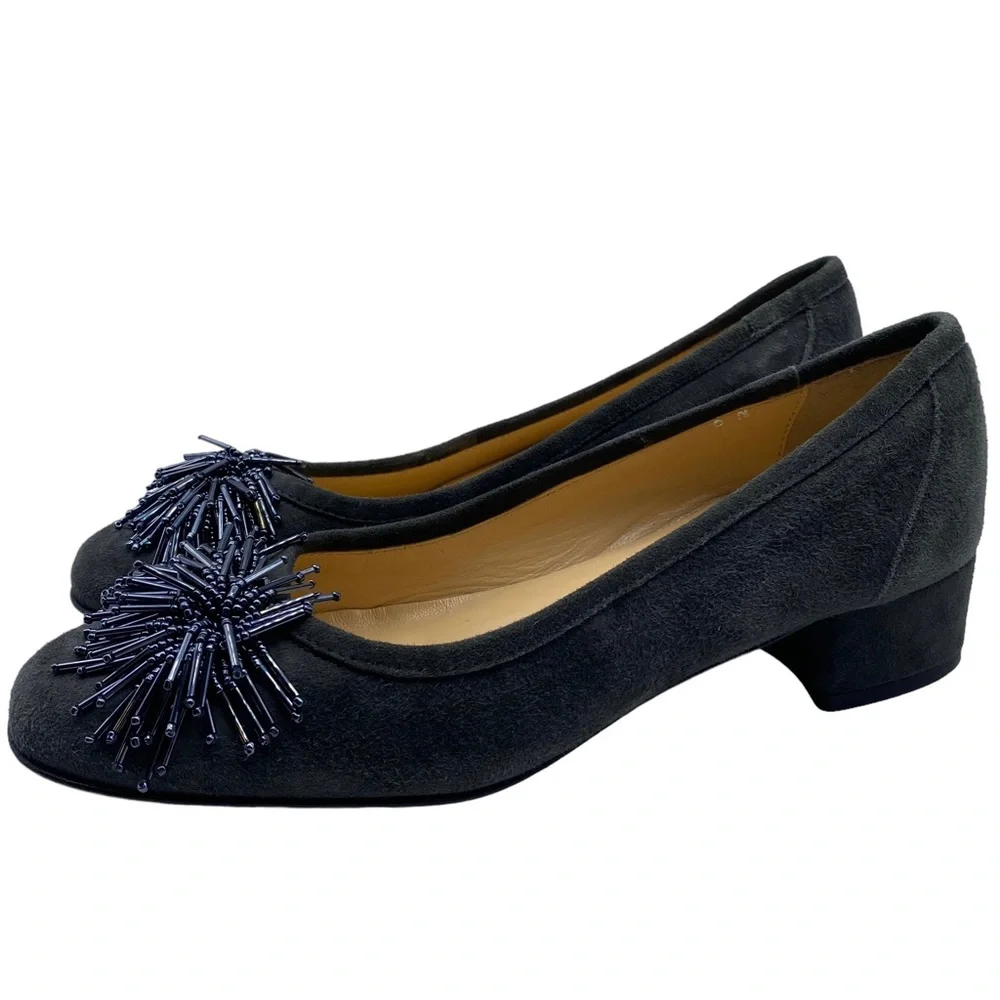 Sesto Meucci Pumps Flynn Gray Blue Suede Beaded Designer Italy Size 6 NARROW